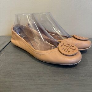 Tory Burch Minnie Travel napa Leather Ballet Flats Shoes beige size 8M